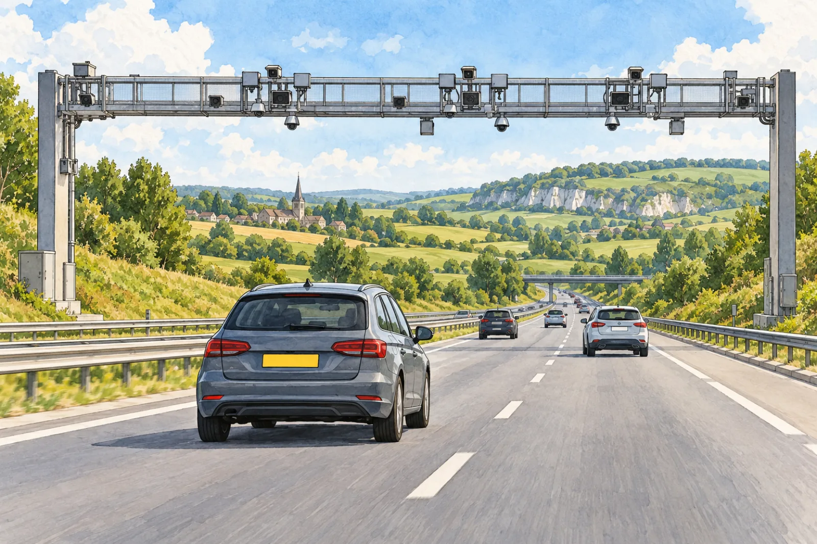 Auto rijdt onder een portaal met camera's op een Franse snelweg, zonder slagboom